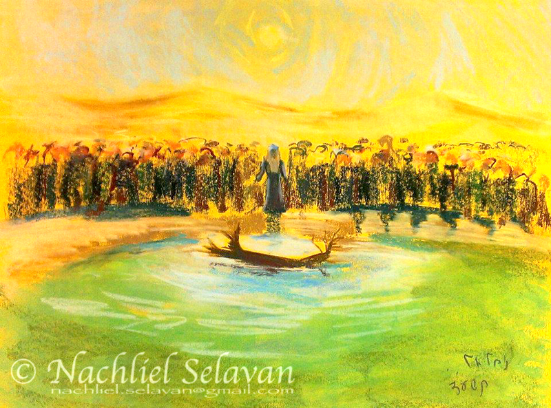 The bitter waters of Marah turned sweet, a crowd gathered by green water under a yellow sky - pastel on paper