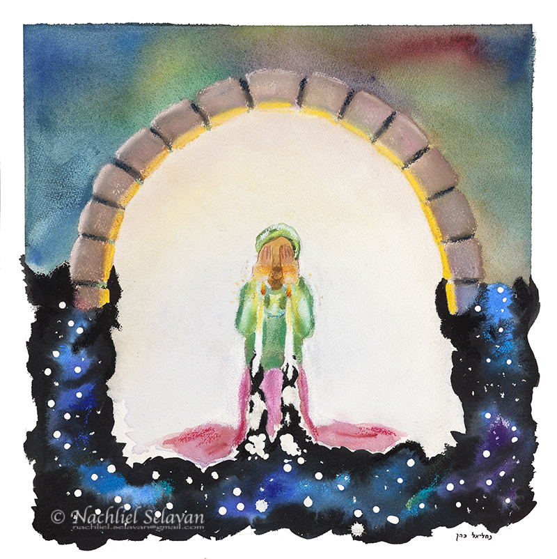 A figure lighting candles beneath a stone arch, opening onto a deep blue starry night