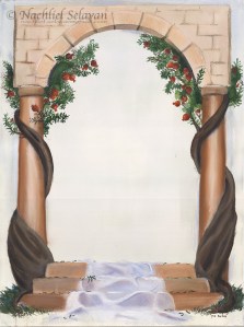 Ketubah border: a stone arch entwined with pomegranate vines, the centre left open for the text