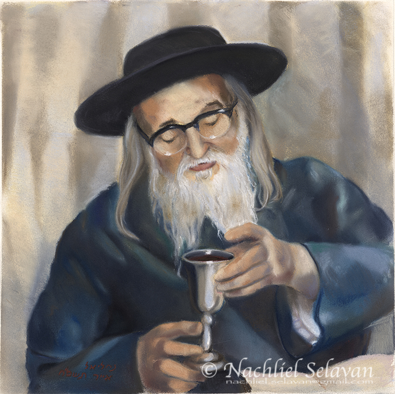 Portrait of Rabbi Yoel Teitelbaum in a black hat, holding a silver kiddush cup - pastel on paper