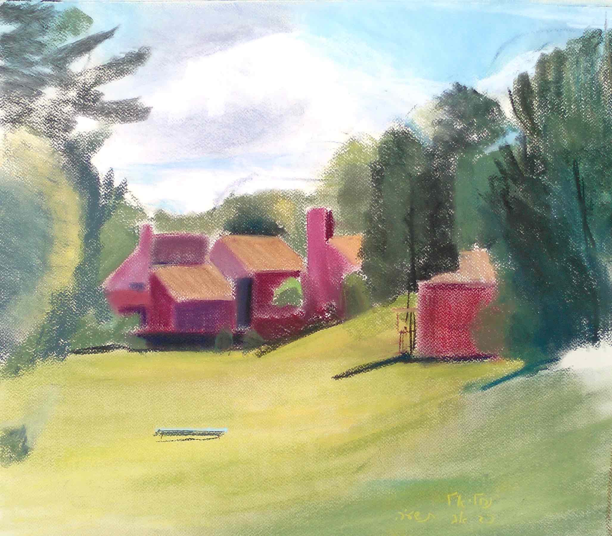 Vacation Village near the lake, red cabins among green trees under a summer sky - pastel on paper