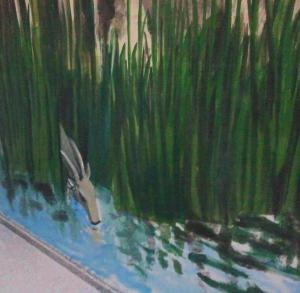 Detail of the mural, tall green reeds and a gazelle drinking at the water's edge among lily pads