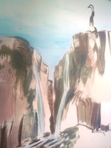 Early faint stage of the canyon mural, cliffs and waterfall lightly blocked in with an ibex above