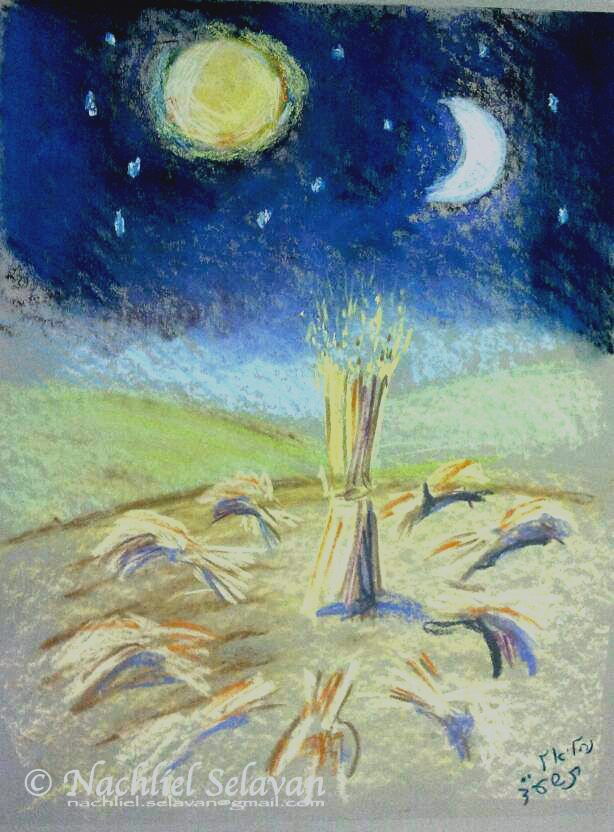 Joseph's dream - the sheaves standing under a night sky with the sun, moon and stars above