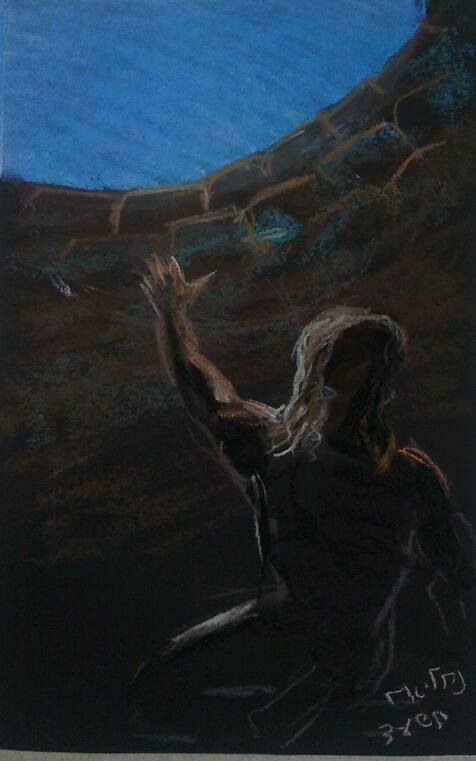 Joseph in the pit, arms raised toward the opening of light above him - pastel on dark paper