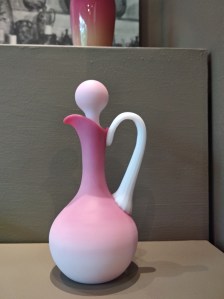 Pink and white satin glass ewer with a slender handle