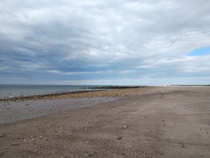 Wide flat beach at low tide under an overcast sky
