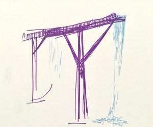 Ink sketch of the trestle sculpture, drawn on the spot in purple and blue pen