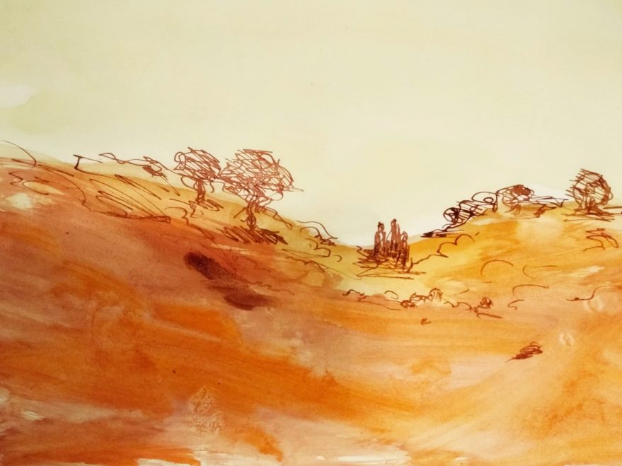 Avraham's three visitors approaching across an orange desert dotted with low trees - watercolor