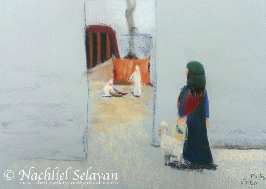 A woman bringing her offering after childbirth, approaching the doorway - pastel drawing for Parashat Tazria, Barkai Yeshiva series, 2014