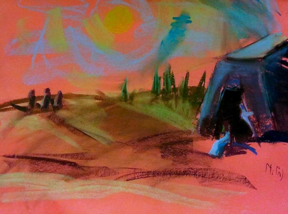 Avraham at his tent watching the three visitors arrive — pastel drawing