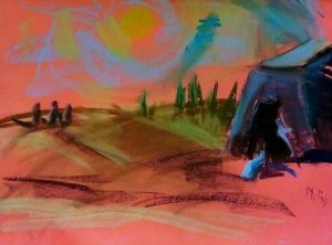 Avraham and the three visitors - small figures by a tent in a desert landscape at sunset - pastel