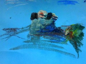 The Akeda - figures on a rocky height with a ram caught in the thicket - pastel in blue