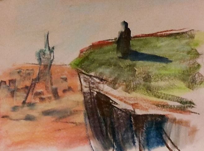 A lone figure on a cliff edge looking out over the plain toward Sedom — pastel drawing