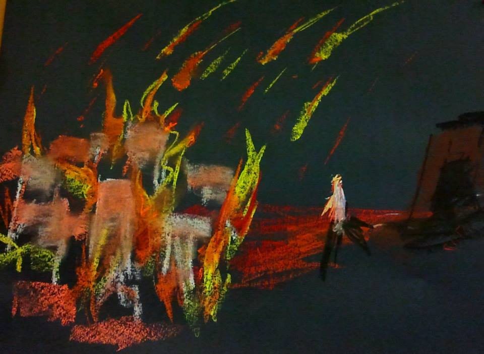 Fire falling on the city of Sedom against a dark sky — pastel drawing