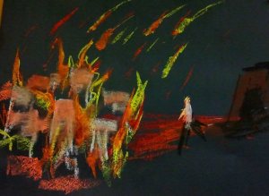 The destruction of Sedom - a city consumed by orange and red flames with a fleeing figure - pastel