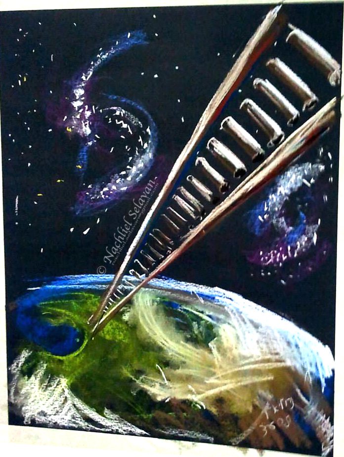 Jacob's ladder rising as a staircase into a starfield above the curve of the earth — pastel drawing