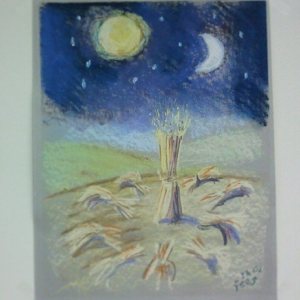 Joseph's dream - sheaves standing under a night sky with the sun, moon and stars - pastel