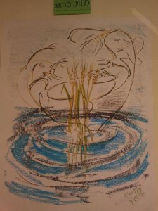 Pencil and crayon study for Pharaoh's dream - sheaves and reeds above rippling blue water