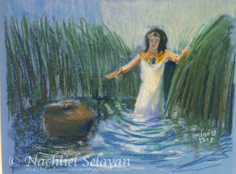 Pharaoh's daughter standing in the reeds of the Nile, reaching for the basket — pastel drawing