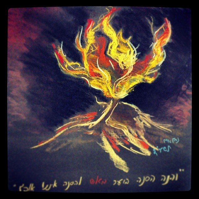 The burning bush, flames rising from the branches without consuming them — pastel drawing