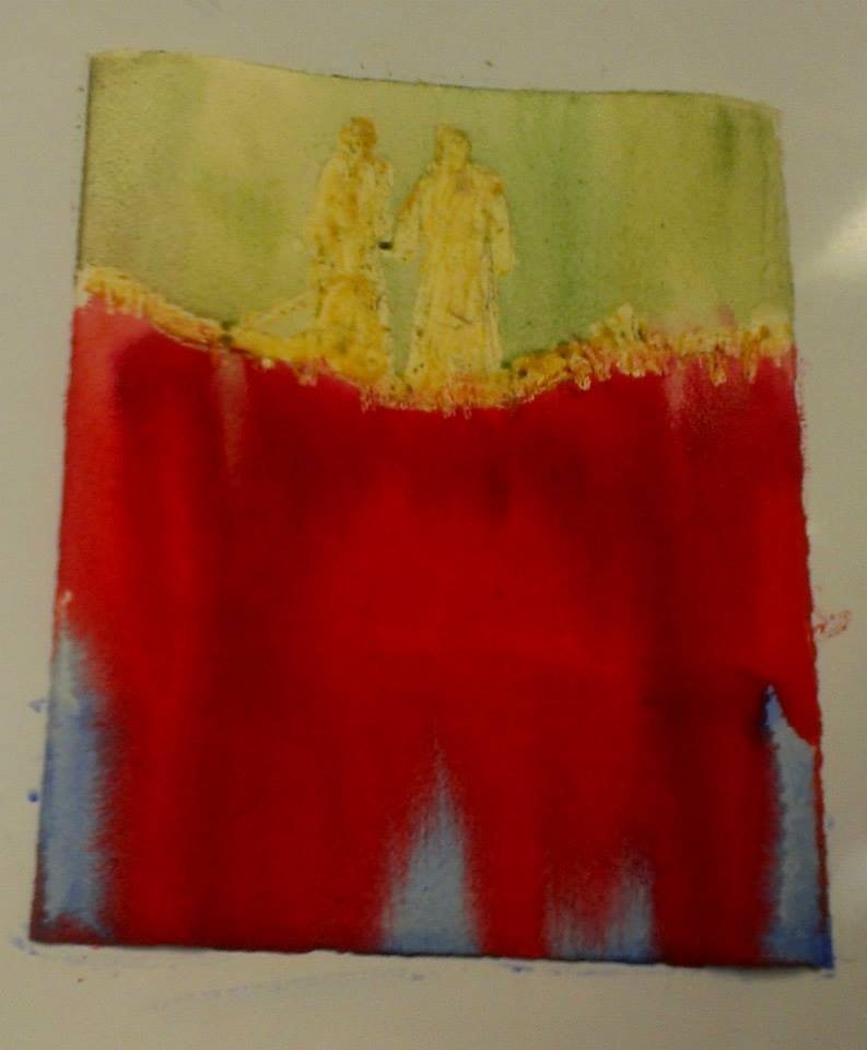 The Nile half transformed to blood, the red spreading down the water — pastel, in progress