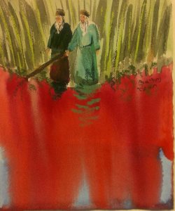 Moshe and Aharon turning the Nile to blood, two figures above a red river - watercolor