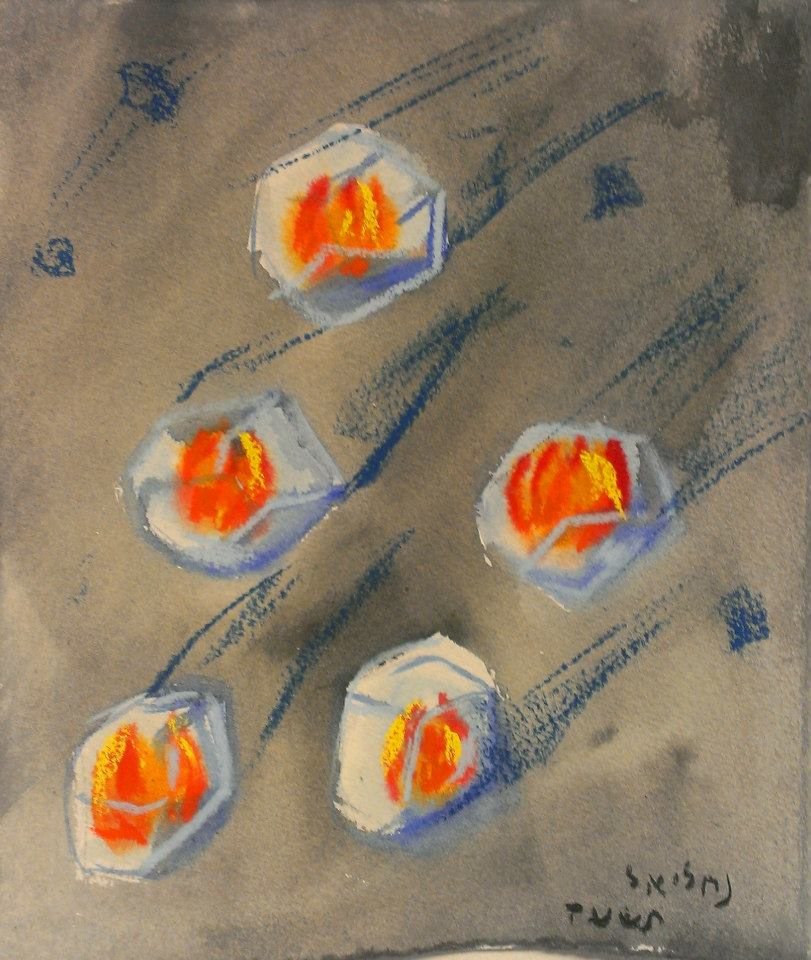 The plague of hail — stones of ice with fire burning inside them — pastel drawing