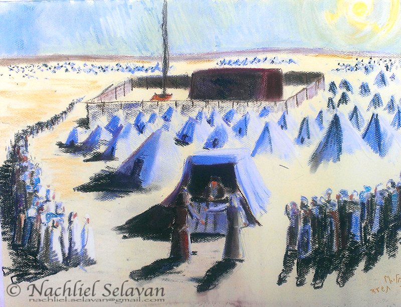 Moshe judging the people, a long line of them waiting across the camp — pastel drawing