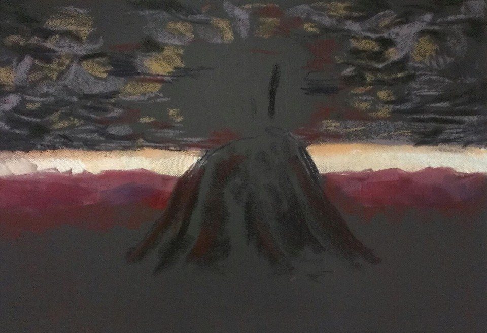 Mount Sinai erupting under a dark sky, drawing still in progress — pastel
