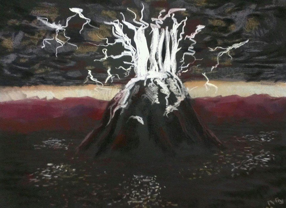 Mount Sinai as an erupting mountain, white lightning breaking out of the summit — pastel drawing