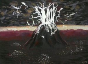 Mount Sinai erupting under white lightning against a dark sky - pastel