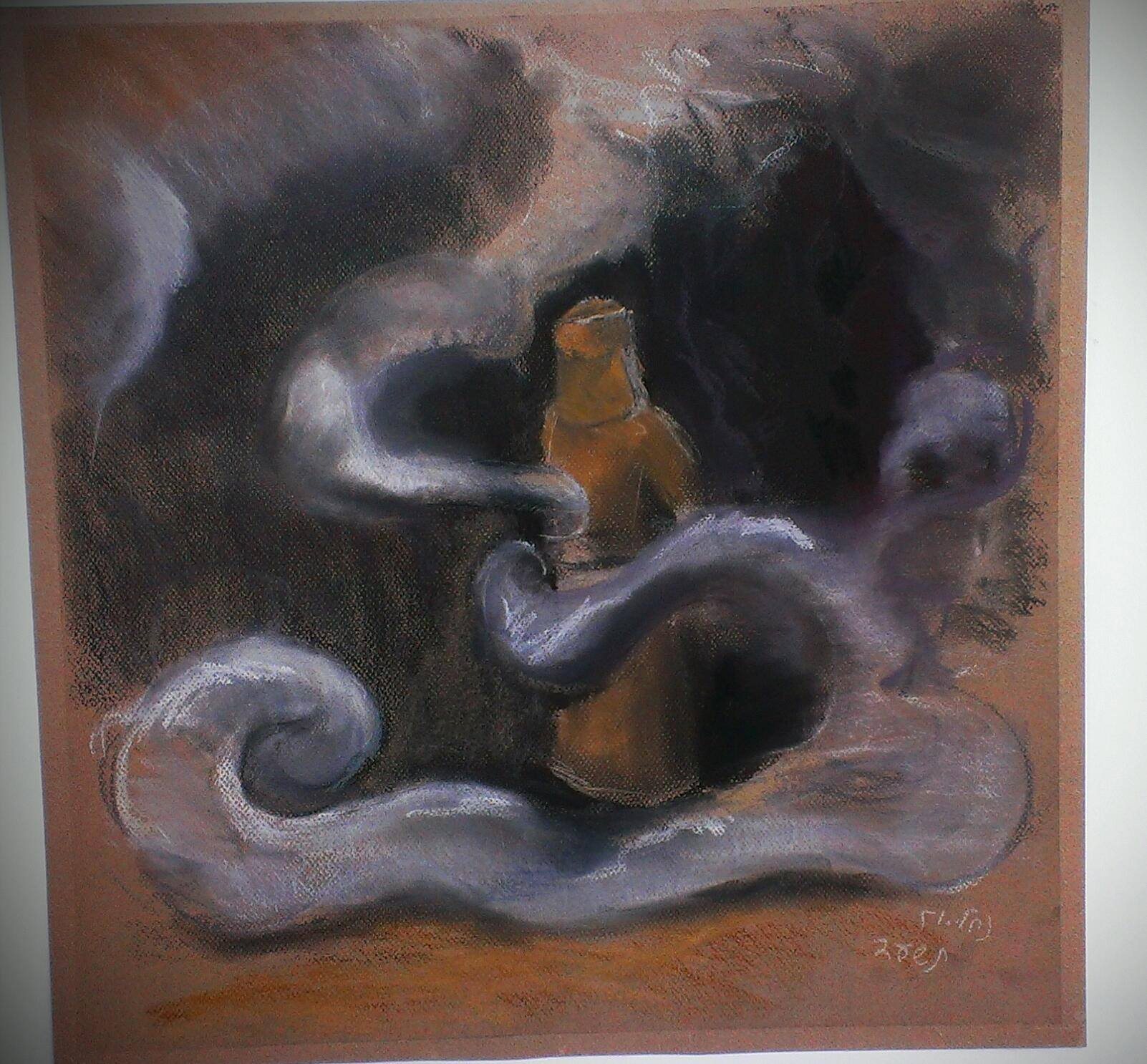 Moshe disappearing into the cloud on the mountain — charcoal and pastel drawing