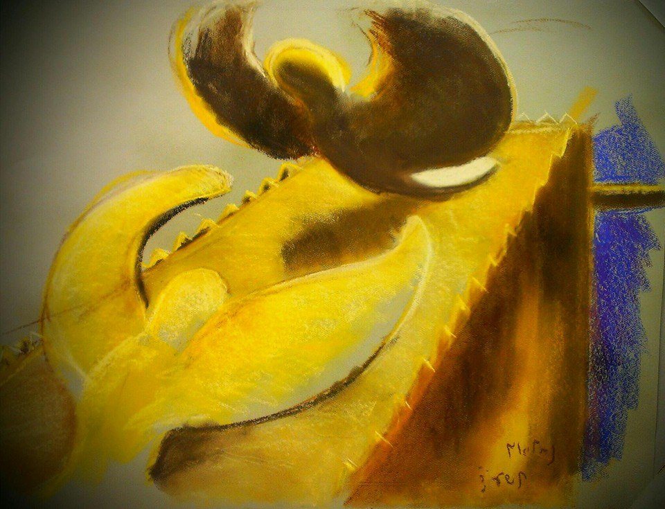 The keruvim above the ark, rendered in gold — pastel drawing