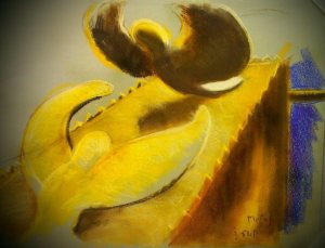 The two golden keruvim facing each other above the Ark cover - pastel