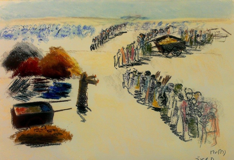 Moshe asking the people to stop bringing donations for the mishkan — pastel drawing
