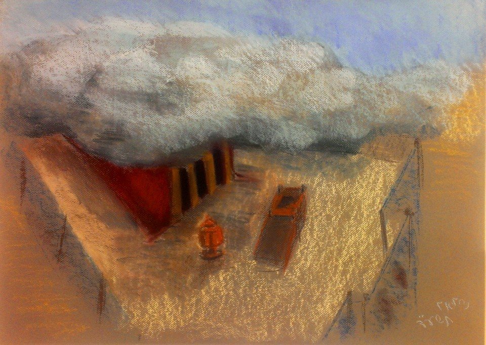The cloud resting over the completed mishkan — pastel drawing