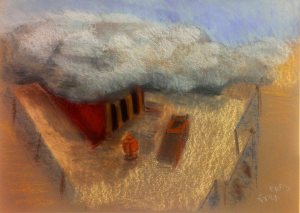 The completed Mishkan beneath the cloud, with its altar and courtyard - pastel