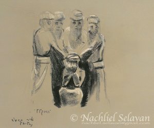 The blasphemer awaiting judgment, a seated figure ringed by standing elders - charcoal