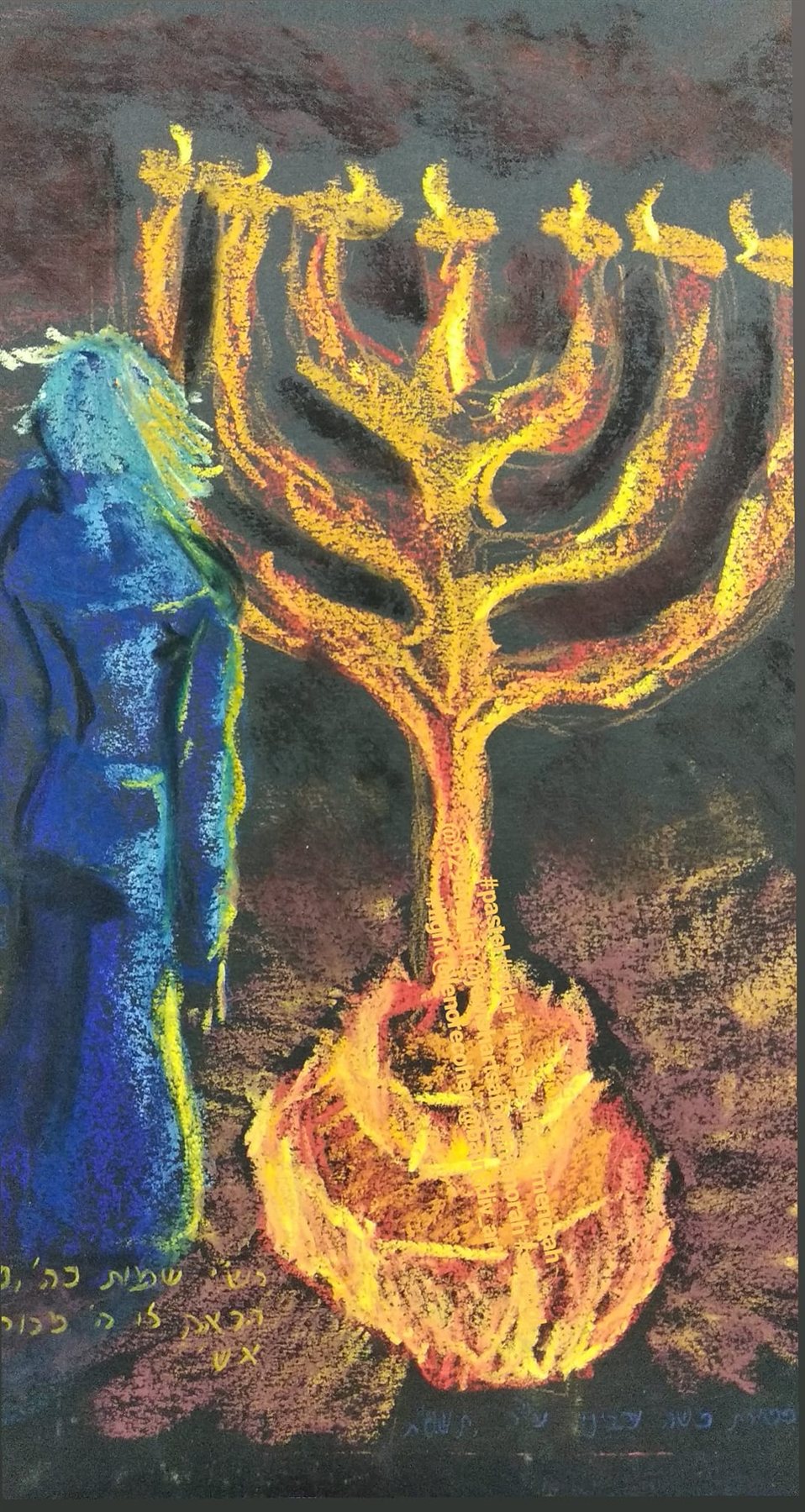 The menorah in gold flame against a dark ground — pastel drawing