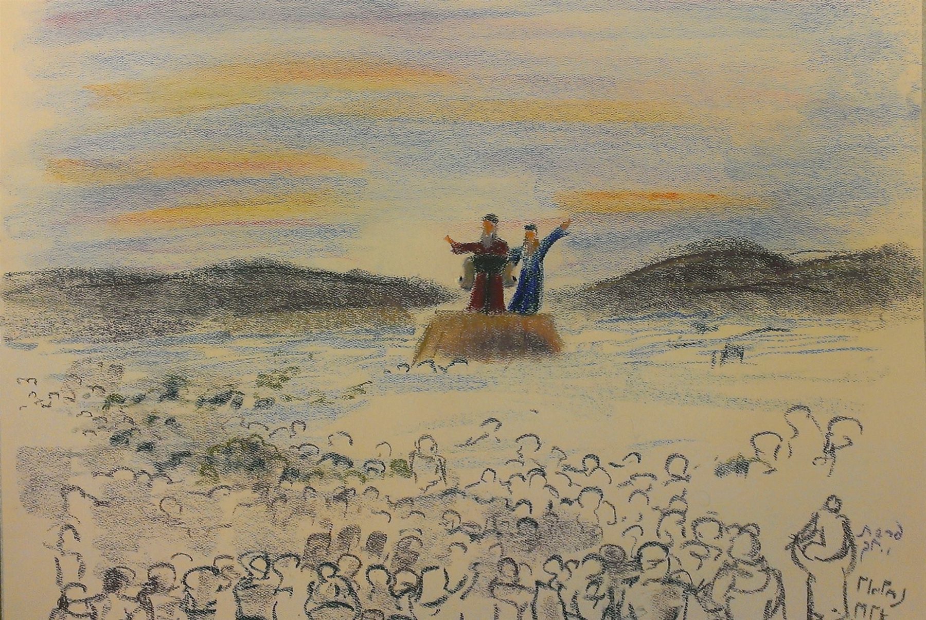 Moshe addressing the people of Israel, supported by Yehoshua — pastel drawing