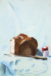 Still life. Challah, knife and salt shaker. pastel on paper