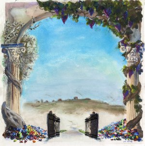 Frame for Birkat haBayit - frame with corinthian capitals, one of them olive and the other grape. Gemstones decorate the lower frame, and the gate is open to the blessing